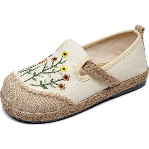 Vintage Flowers Embroidered Ladies Handmade Linen Canvas Slip On Shoes Comfort Low Top Sneakers Vegan Women Bohemian Loafers