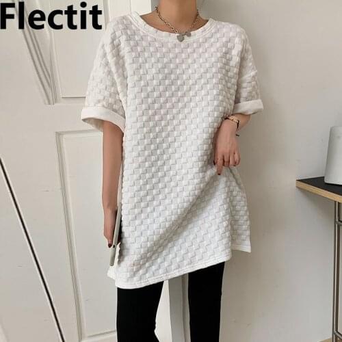 Flectit Oversized Tee Short Sleeve Crew-Neck Loose-fit Chic Cozy Long T-shirts Summer Tunic Tops For Women