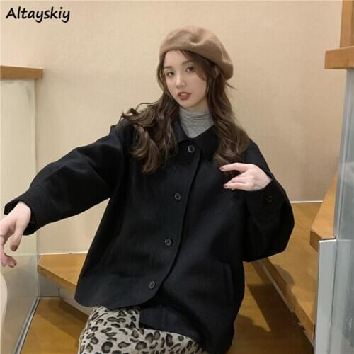 Blends Women Soft Warm Trendy Elegant All-match Baggy Daily Female Lovely Solid Pockets Single Breasted Wide-waisted Office Lady