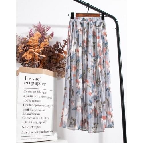 2020 show thin printing beach style restoring ancient ways of tall waist joker A word long chiffon pleated skirts