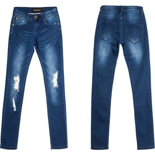 DSQ-BRAND jeans womens ripped high waist slim trousers blue nine-point pants with small feet pencil pants + DSQ letter mark