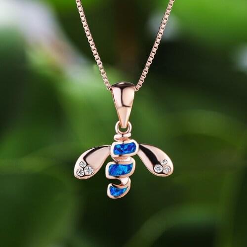 Rose Gold Color Chain Necklace Female Cute Small Bee Pendant Necklace Blue Opal Stone Animal Necklaces For Women Wedding Jewelry