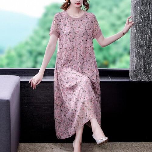 2021 Summer New Fashion Loose Large Size Round Neck Floral Short Sleeve Cake Skirt Dress Comfortable Dress for Women