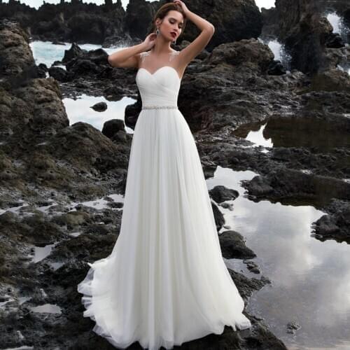 Cap Sleeve See Through Top Back Appliques Lace Bead Belt Button Beach A-Line Wedding Dress 2021 Vestido De Noiva Bridal Gown