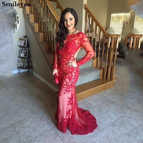 Smileven Red Lace Evening Dresses Long Sleeve Mermaid Formal Party Gown robe de soiree Big Evening Prom Dress Open Back