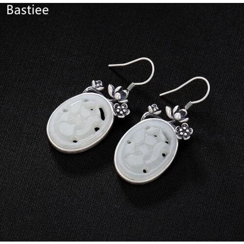 Bastiee Ethnic Jewelry For Women Silver 925 Jewelry Inlaid Jade Jewelry Dangle Earrings Korean Earrings Long Earrings