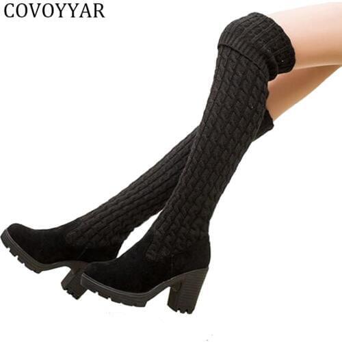 COVOYYAR 2019 New Knitted Women Boots Over The Knee High Booties Shoes Fall Winter Elastic Slim Long Women Black Shoes WBS415