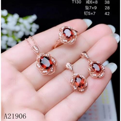 KJJEAXCMY Fine Jewelry 925 sterling silver inlaid natural garnet gemstone female pendant ring earrings set support review