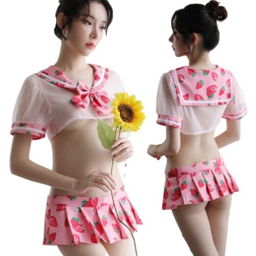 New Sexy Lolita Strawberry Printed Student Costume Kawaii Lingerie Set Cute Short Dress Cosplay Japanese School Girl Uniform