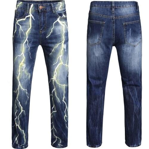 Men’s high quality lightning prints denim pants classic blue jeans ripped&scratches casual jeans pants