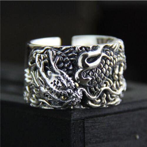 Retro personality exaggeration men 925 silver ring Thai silver carved dragon pattern wide version of the ring