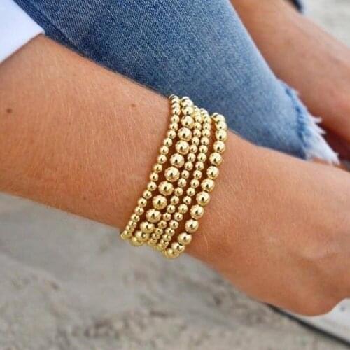 New 4Pcs/Set Classic Golden Bead Bracelet Set For Women Width 4/5/6/8mm Plastic Bead Rope Men Women Strand Bracelet Jewelry Gift