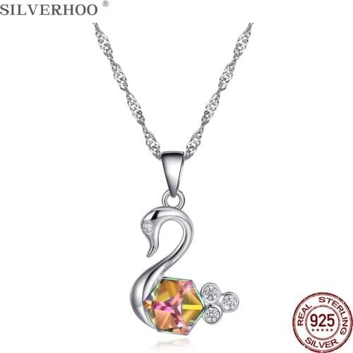 SILVERHOO 925 Sterling Silver Elegant Swan Pendant Necklace For Women Colorful Austria Crystal With Cubic Zircon Animal Necklace
