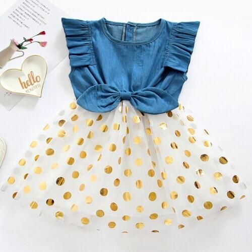Girls Dress New Summer Baby Girls Denim Mesh Patchwork Bow Dot Princess Baby Clothes Flying Sleeve Baby Kids Dress