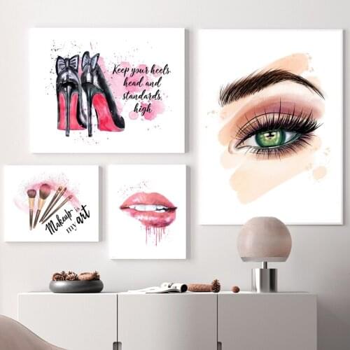 Watercolor Lipstick Heels Eye Lip Fashion Makeup Art Canvas Painting Nordic Posters And Prints Wall Pictures Living Room Decor