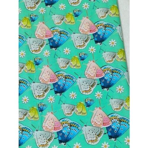 Various Colorful Butterfly Daisy Flora Flower Pink Blue White Yellow on Green Plain Cotton Fabric DIY sewing Clothing Tissue
