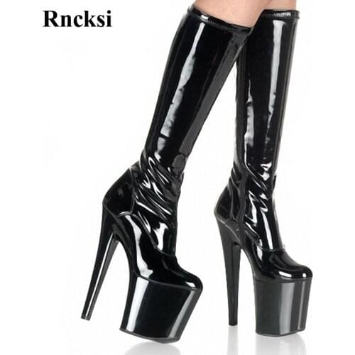 Rncksi New Women Black Round Toe Boots Party Quee Chick Heels Shoes Boots Dance Shoes 20cm Heels High Knee High Boots