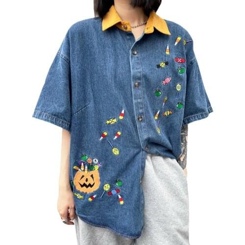 Summer Denim Shirt Women Oversize Shirt Cotton Vintage Cartoon Pattern Embroidery Loose Short Sleeve Blouse Harajuku Man Shirts