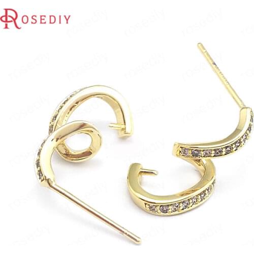 40427)4PCS 24K Gold Color Brass and Zircon Can Fit Half Hole Pearl S Shape Stud Earrings Pins Earrings Jewelry Making Supplies