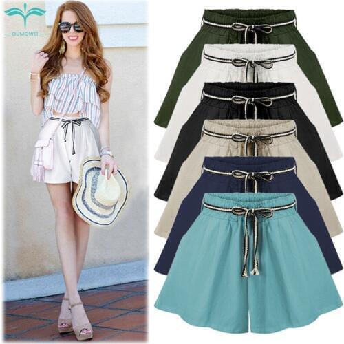 OUMOWEI Womens Shorts Summer New Wide Leg Shorts High Waist Loose Casual Shorts Striped Belt Solid Color Shorts M to 6XL Size