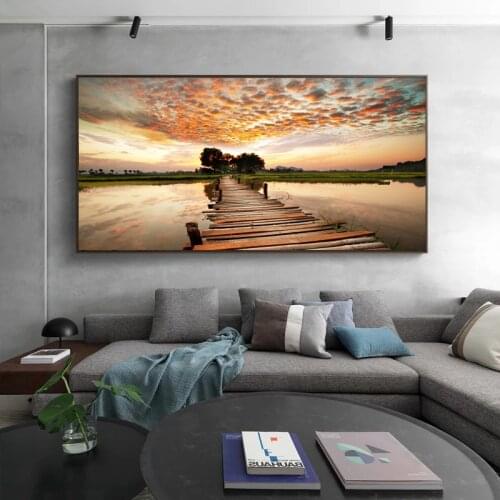 Nordic Wooden Bridge Lake Canvas painting Seascape posters and prints Landscape Wall art Picture for living room home Decoration
