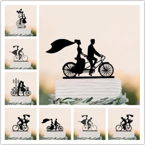 Mixed Black Acrylic Bicycle Style Wedding Cake Topper Bride & Groom Silhouette Cake Topper