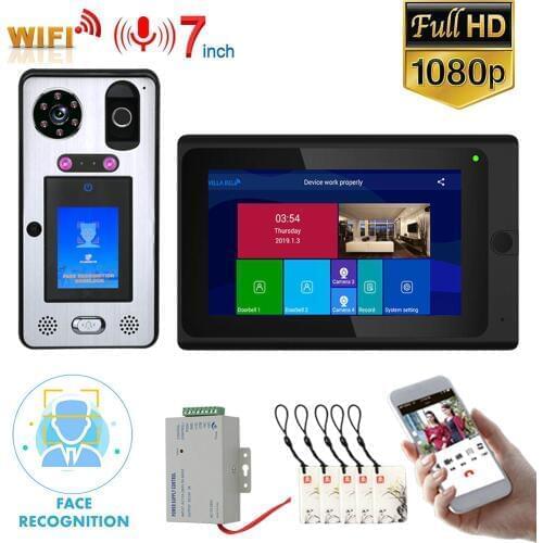 7" Touch Screen Wifi Video Door Phone Doorbell Intercom System Wireless Face Recognition Fingerprint IC with Wired 1080P Camera