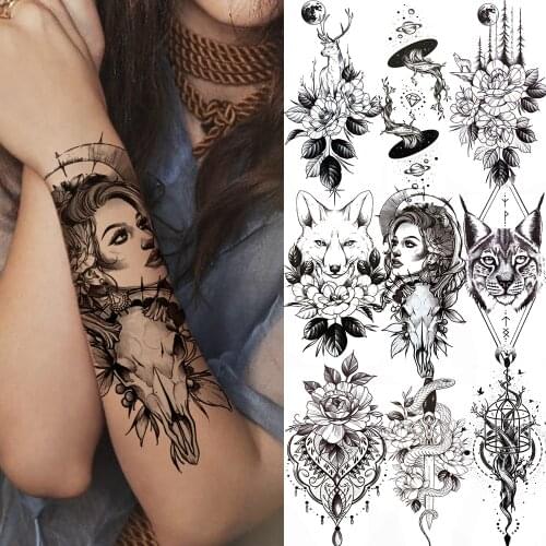 Pretty Girl Flower Temporary Tattoo For Women Fake Jewelry Chains Lace Tattoo Sticker Snake Forest Wolf Cat Moon Black Tatoos