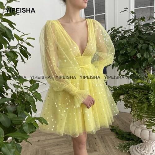 Yipeisha Sexy Deep V-neck Mini Cocktail Dresses Long Sleeves A-line Printed Hearts Short Party Gown Vestido de Fiesta