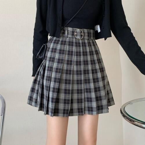 Plaid pleated skirt female 2021 new spring skirt belt skirt high waist a-line skirt