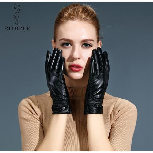 RITOPER Women Sheepskin Guniune Leather Gloves Winter Plus Velvet Windproof Warm Fashion Solid Color Mittens Touch Screen Gloves