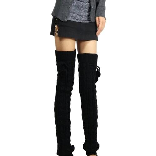 Women Winter Leg Warmers Knee High Thigh High Tie Cable knitted Long Boot Socks D08E