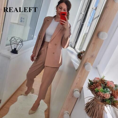 REALEFT 2021 New Autumn Winter Womens Pant Suit Double Breasted Notched Blazer Jacket & Pant Office Wear Women Suit Female Sets