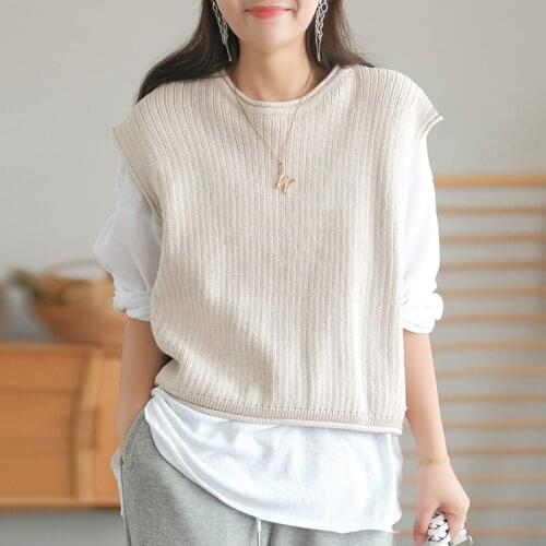 Johnature Women Cotton Vest O-Neck Sleeveless Solid Color Loose Short Sweaters 2021 Autumn New Korean Style Casual Elegant Vest