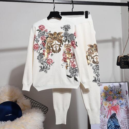 Set Female Autumn Fashion Sequin Flower Knitted Sweater Sports Pencil Pants Tracksuit Women Loose Black Knitting 2 Piece Outfits