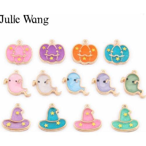 Julie Wang 10pcs Epoxy Cute Halloween Charms Alloy Gold Tone Pumpkin Wizard Hat Ghost Pendant Bracelet Jewelry Making Accessory