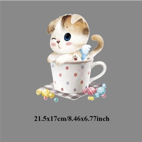 20pcs Vinyl Patches Iron On Patch For Clothes Cup Cat Heat Transfer Appliques Jeans Jacket Patchwork T-shirt Sticker Biker Badge