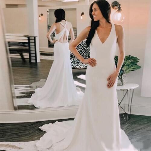 2020 Sexy White Chiffon Wedding Gowns Backless Sweep Train Robe De Mariee Plus Size Garden Wedding Dresses