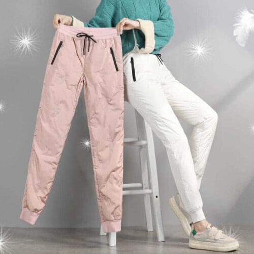 2021 Winter Warm Down Cotton Pants Sweet Casual Fashion High Waist Pants Flowers Embroidery Plus Fleece Lined Sweatpants Y120