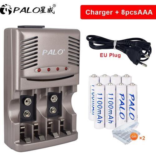 PALO 4-16pcs rechargeable AAA battery 1100mah 1.2V AAA battery for camera+aa aaa battery charger 9V battery charger LED display