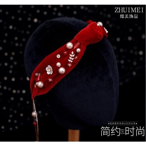 Briish Vintage Velvet Headband for Women Wine Red Velour Rhinestone Beading Headbands Pearl Bead Bride Wedding Headpieces 2020