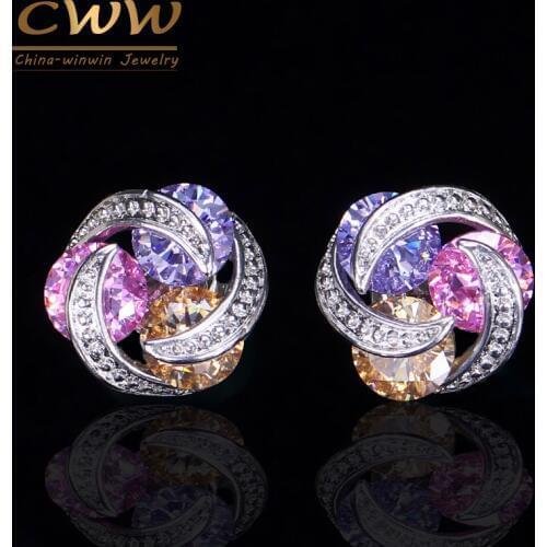 CWWZircons CZ Ear Jewelry Geometric Revolving Multi Color Cubic Zirconia Cute Women Stud Earrings Christmas Gift CZ312