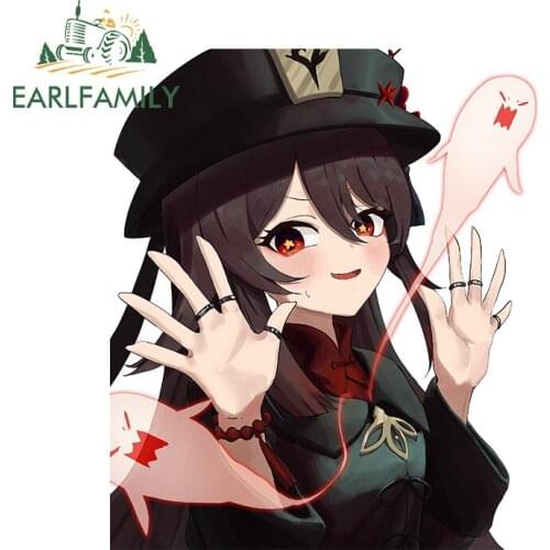 EARLFAMILY 13cm x 11.3cm for Hu Tao Car Stickers Sunscreen Creative Decals Occlusion Scratch Windshield Helmet Decor Car Label