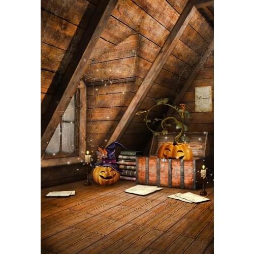 Halloween Backdrop Pumpkins Candles Books in Rustic Wooden House with Window Vinyl Cloth Backgrounds for Photo Studio Photoshoot