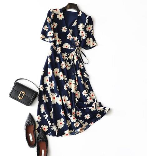 And American womens European wear 2021 summer new style Blue floral print short sleeve V-neck Fashion 100% silk dress