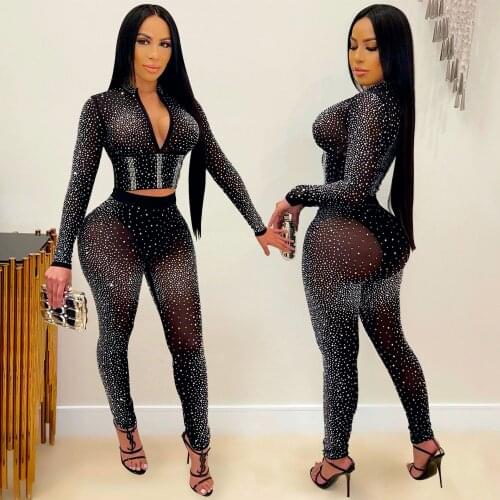 Echoine Club Party Outfits Woman Sexy Diamond See-through V-neck Long Sleeve Crop Top Trousers Bodycon Autumn Two Piece Set 2021