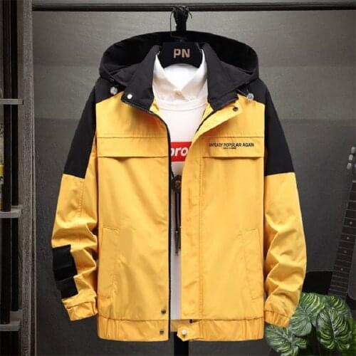 New Men Casual Cargo Jacket Autumn Hooded Bomber Jackets Outdoor Patchwork Mens Windbreaker Outerwear Coat Hip Hop Streetwear
