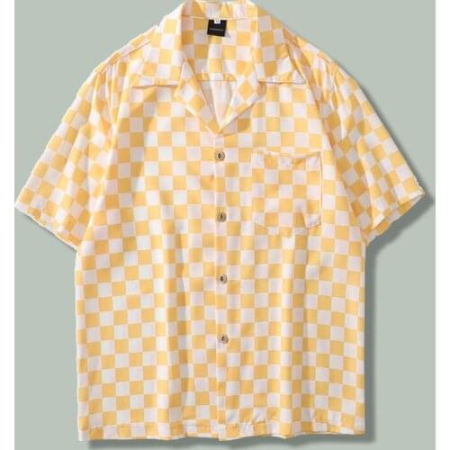 Japanese Retro Black and White Plaid Print Shirt Men Hip Hop Loose Short Sleeve Tops Harajuku Streetwear Oversize Couple Shirts