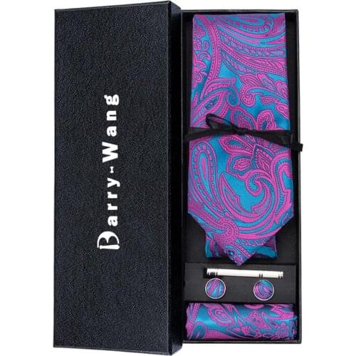 TS-1622 Barry.Wang Mens Ties Silk Necktie Hanky Cufflinks Sets With Gift Box Purple Paisley Ties For Men Wedding Bueiness Party
