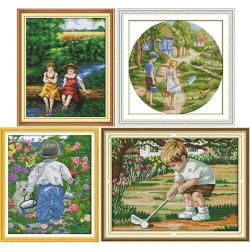 Happy Childhood Handmade Counted Cross Stitch Kits 11CT14CT Printed Pattern Craft DMC on Fabric Sewing Needlework Embroidery Set